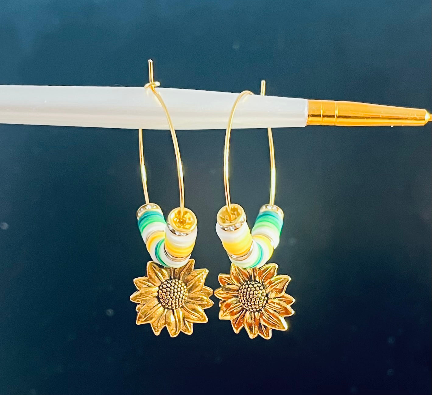 Sunflower Heishi Bead Hoop Earrings Gold-Tone