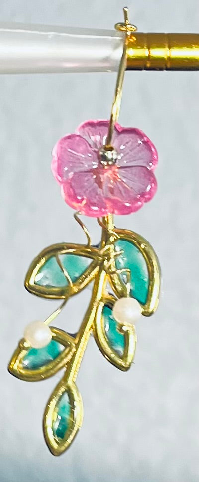 Pink Floral Hoop Earrings in Gold-Tone