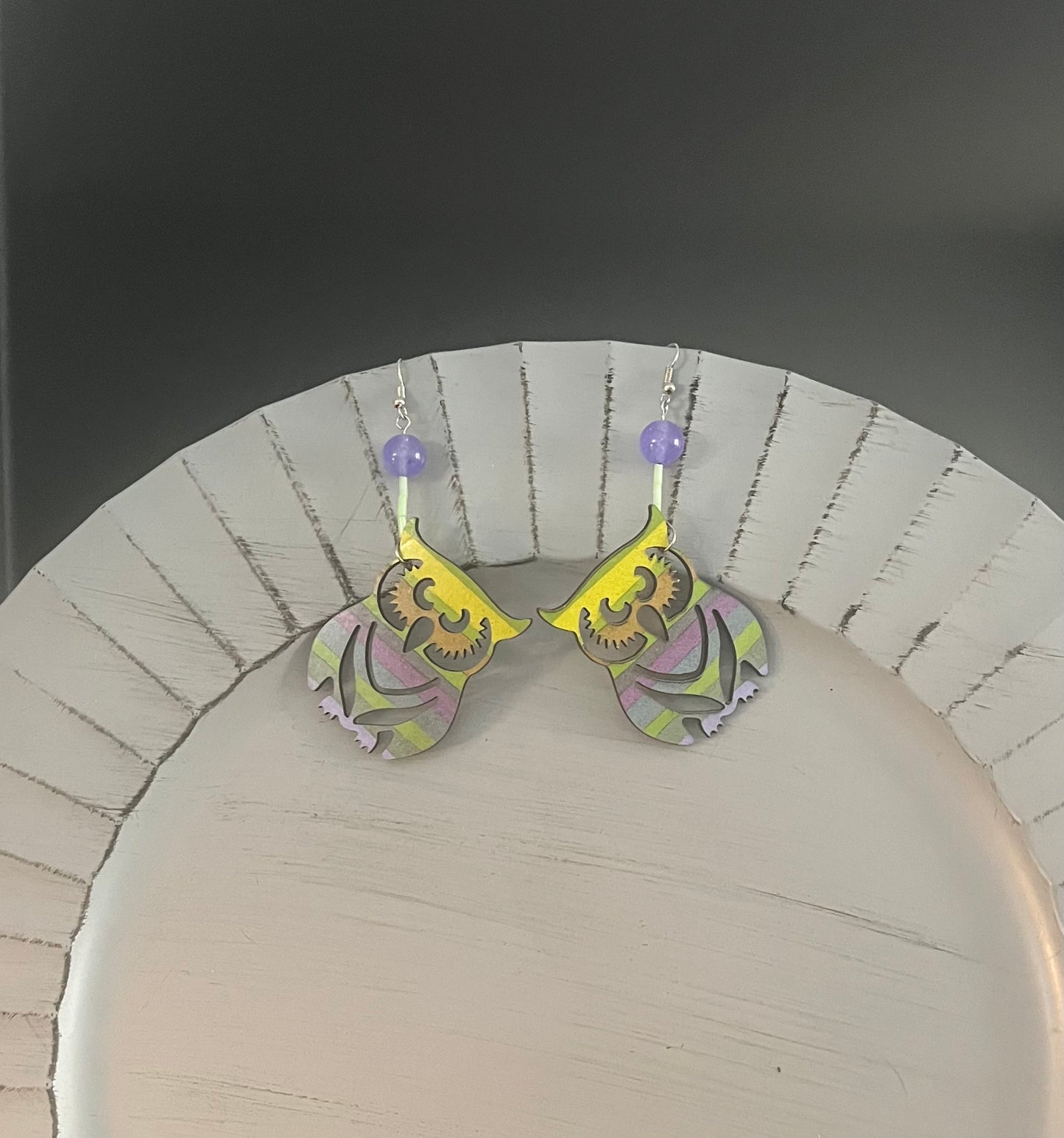 Green and Purple Striped Owl Earrings