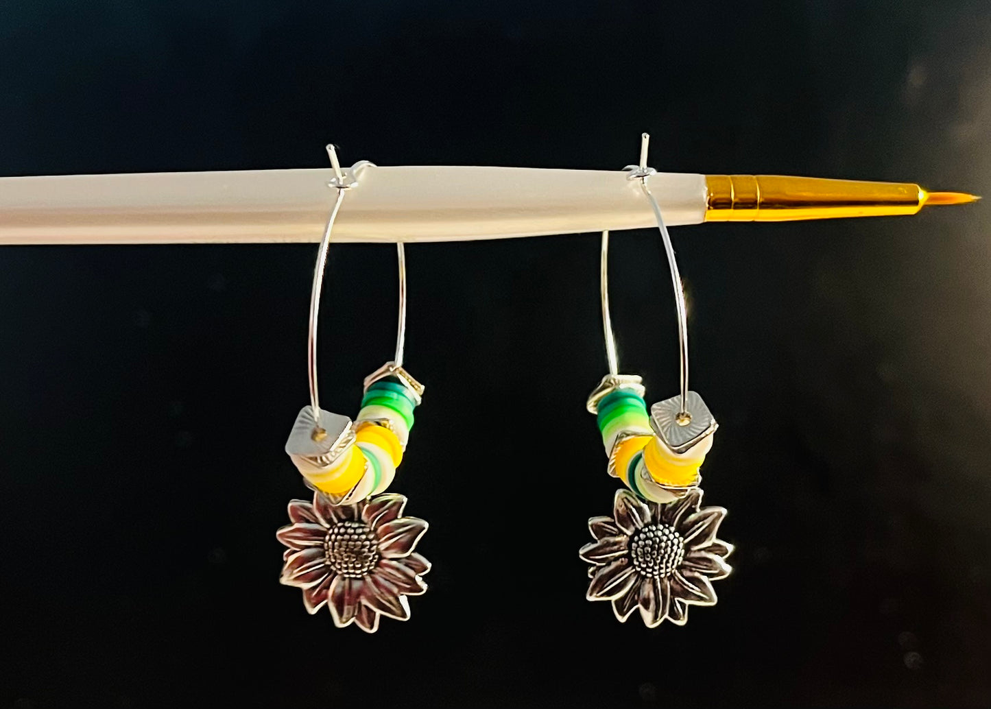 Sunflower Heishi Bead Hoop Earrings Silver-Tone