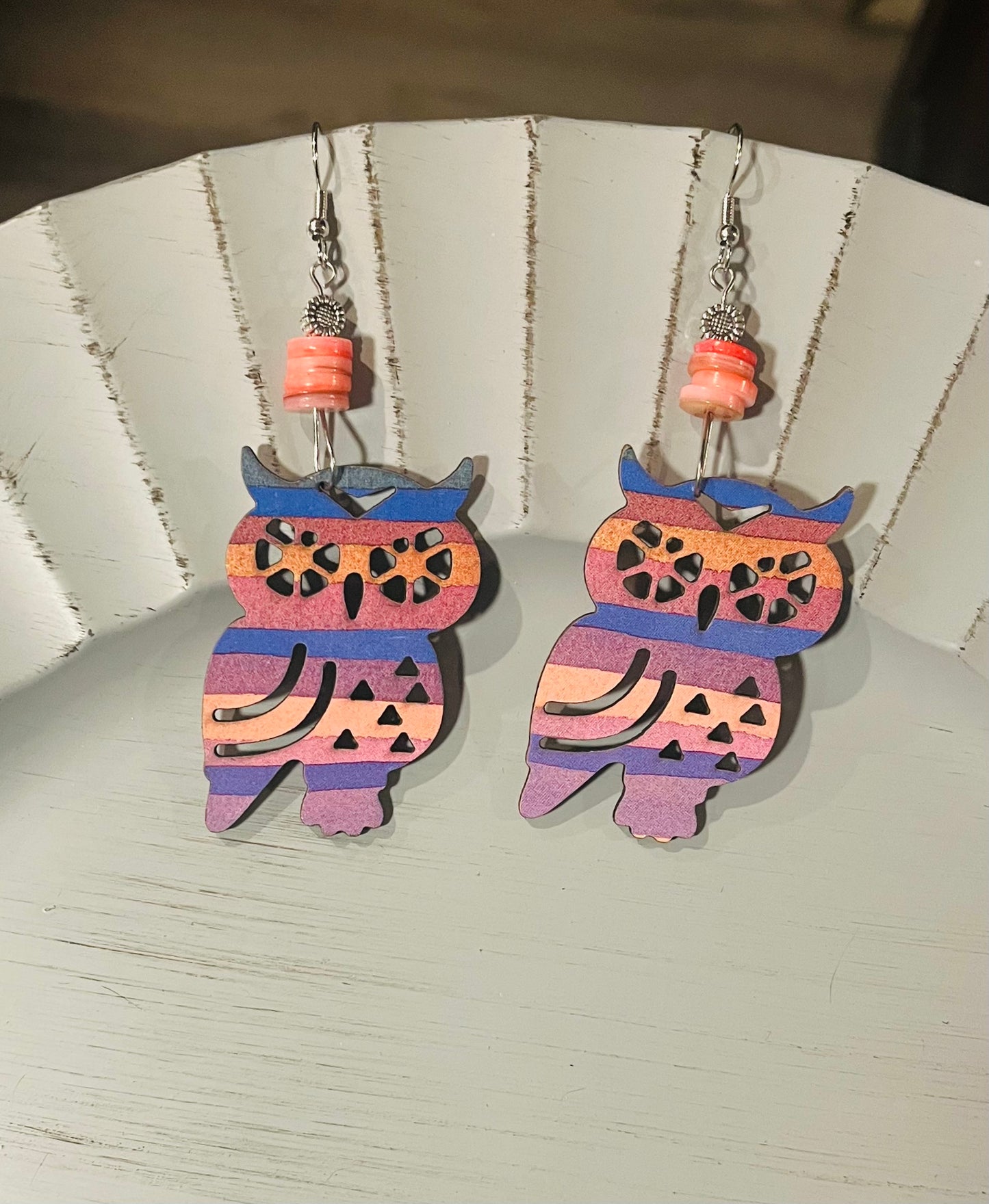 Pink and Purple Striped Owl Earrings