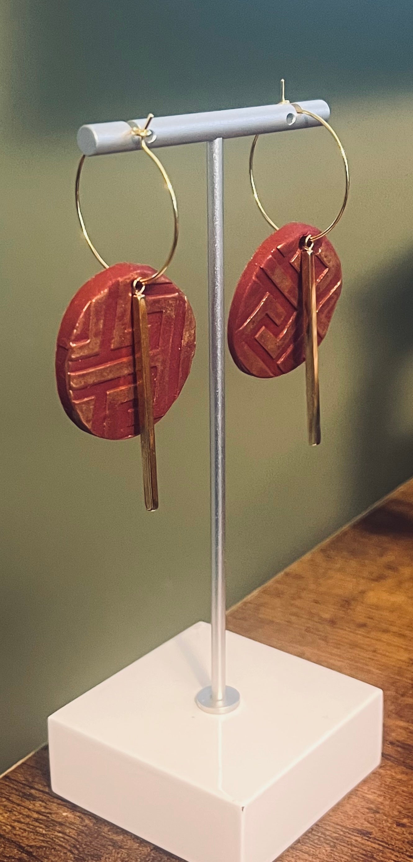 Geometric Burgundy Hoop Ear Art in Gold-Tone