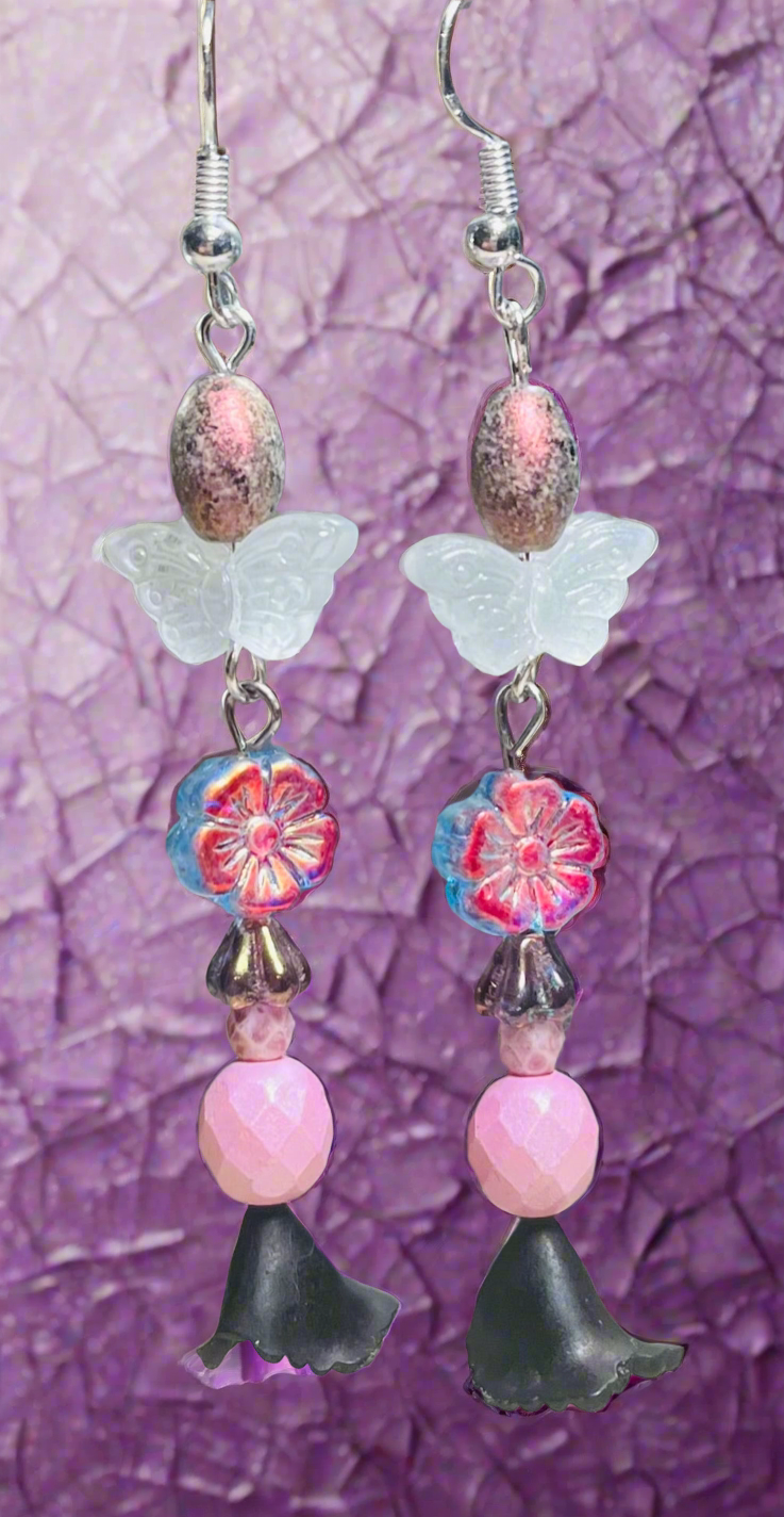 Pink Black Purple and White Floral Butterfly Earrings