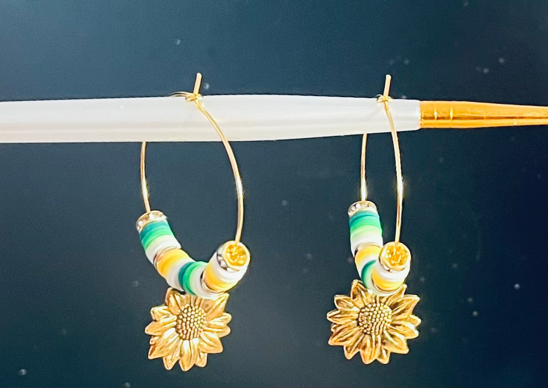 Sunflower Heishi Bead Hoop Earrings Gold-Tone