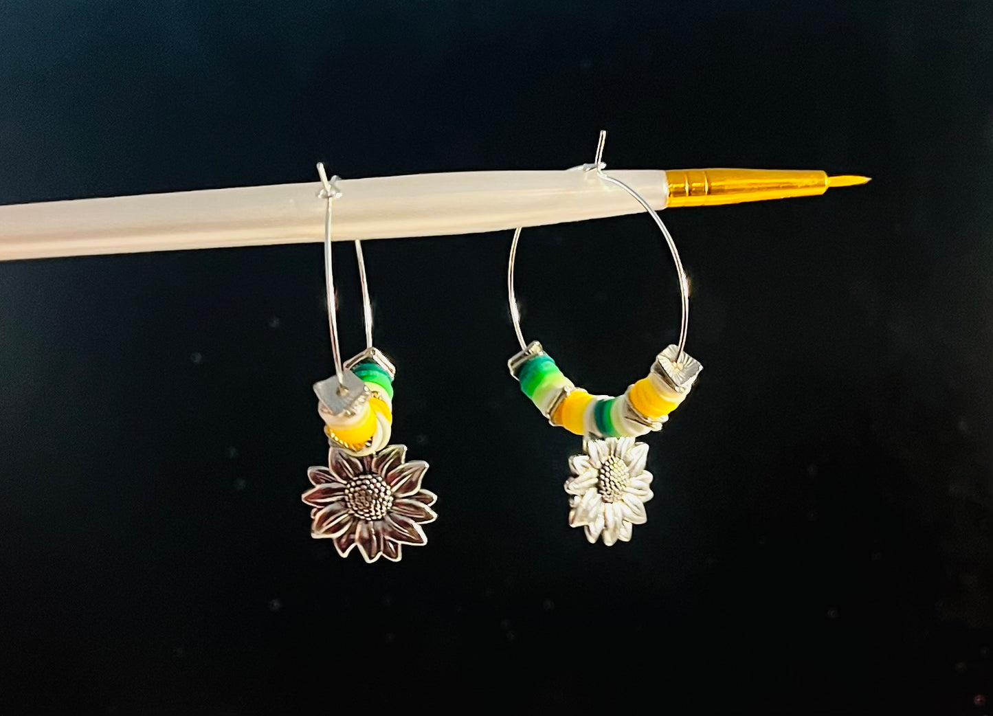 Sunflower Heishi Bead Hoop Earrings Silver-Tone