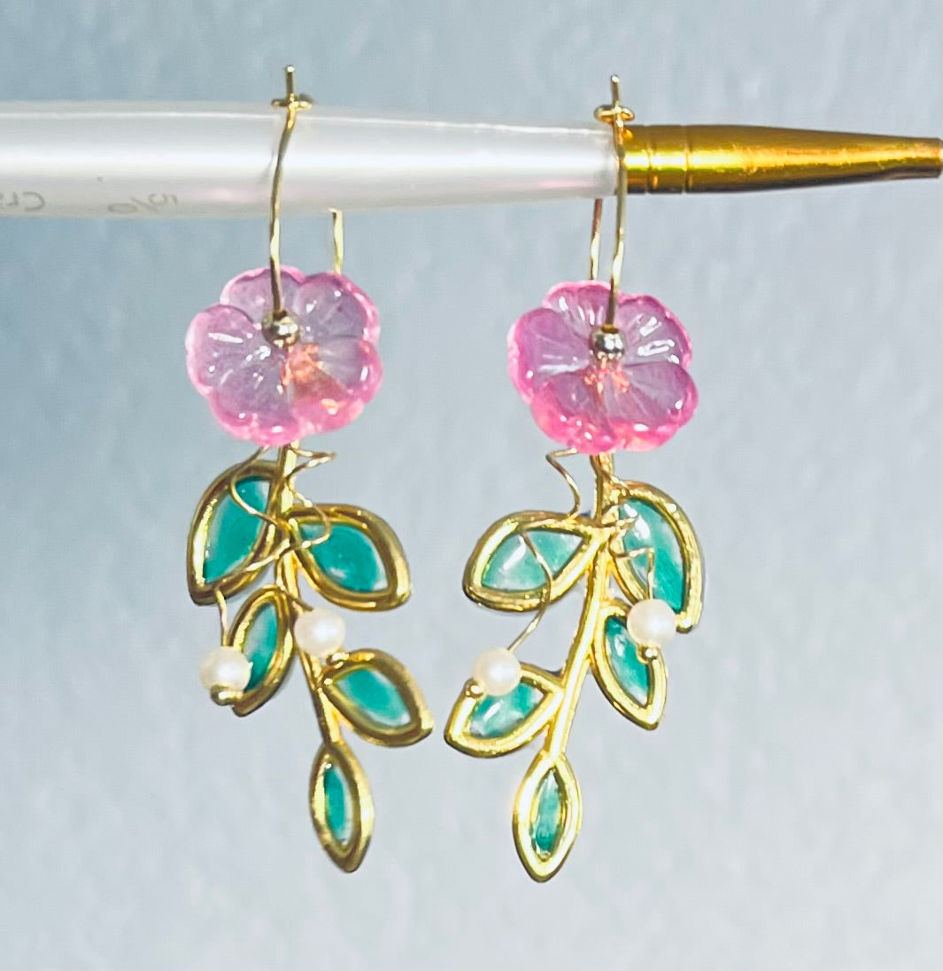 Pink Floral Hoop Earrings in Gold-Tone