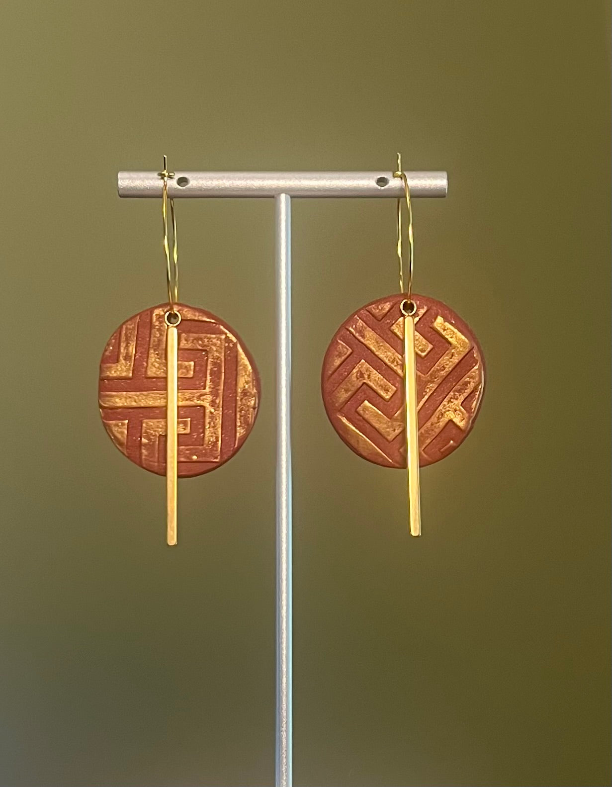 Geometric Burgundy Hoop Ear Art in Gold-Tone