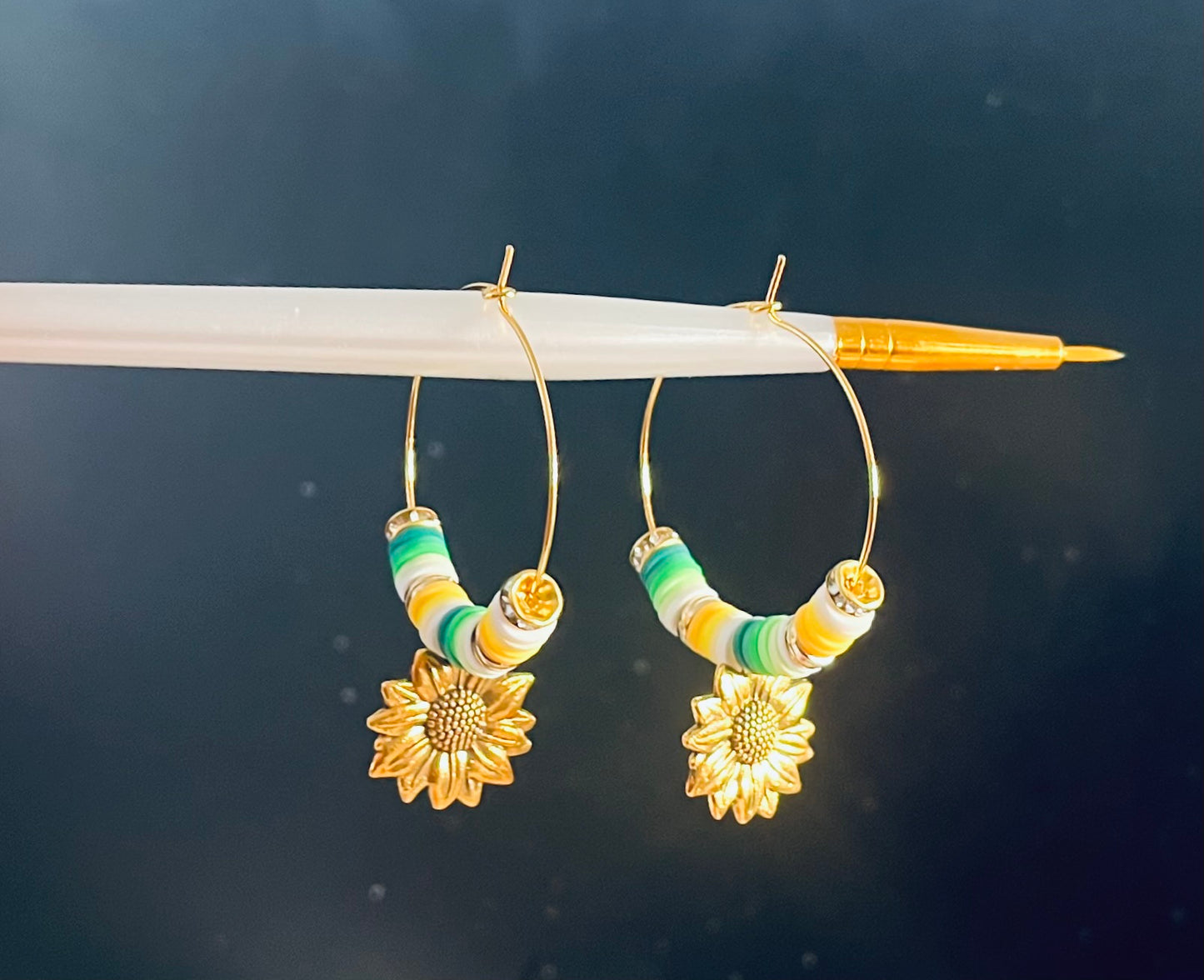 Sunflower Heishi Bead Hoop Earrings Gold-Tone