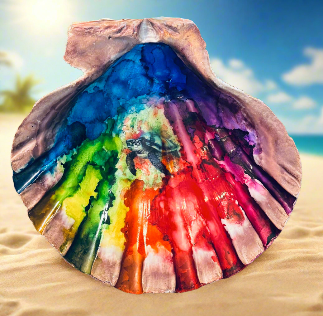Sea Turtle Dripping in Color Shell Art