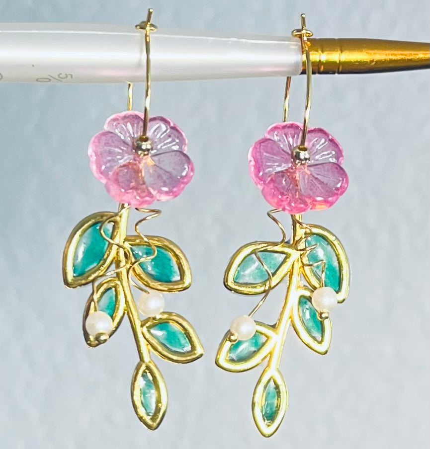 Pink Floral Hoop Earrings in Gold-Tone