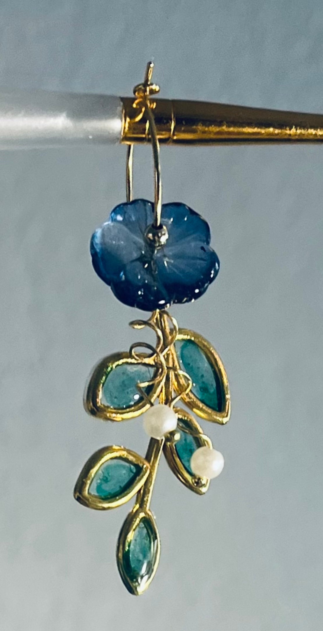 Blue Floral Hoop Earrings in Gold-Tone