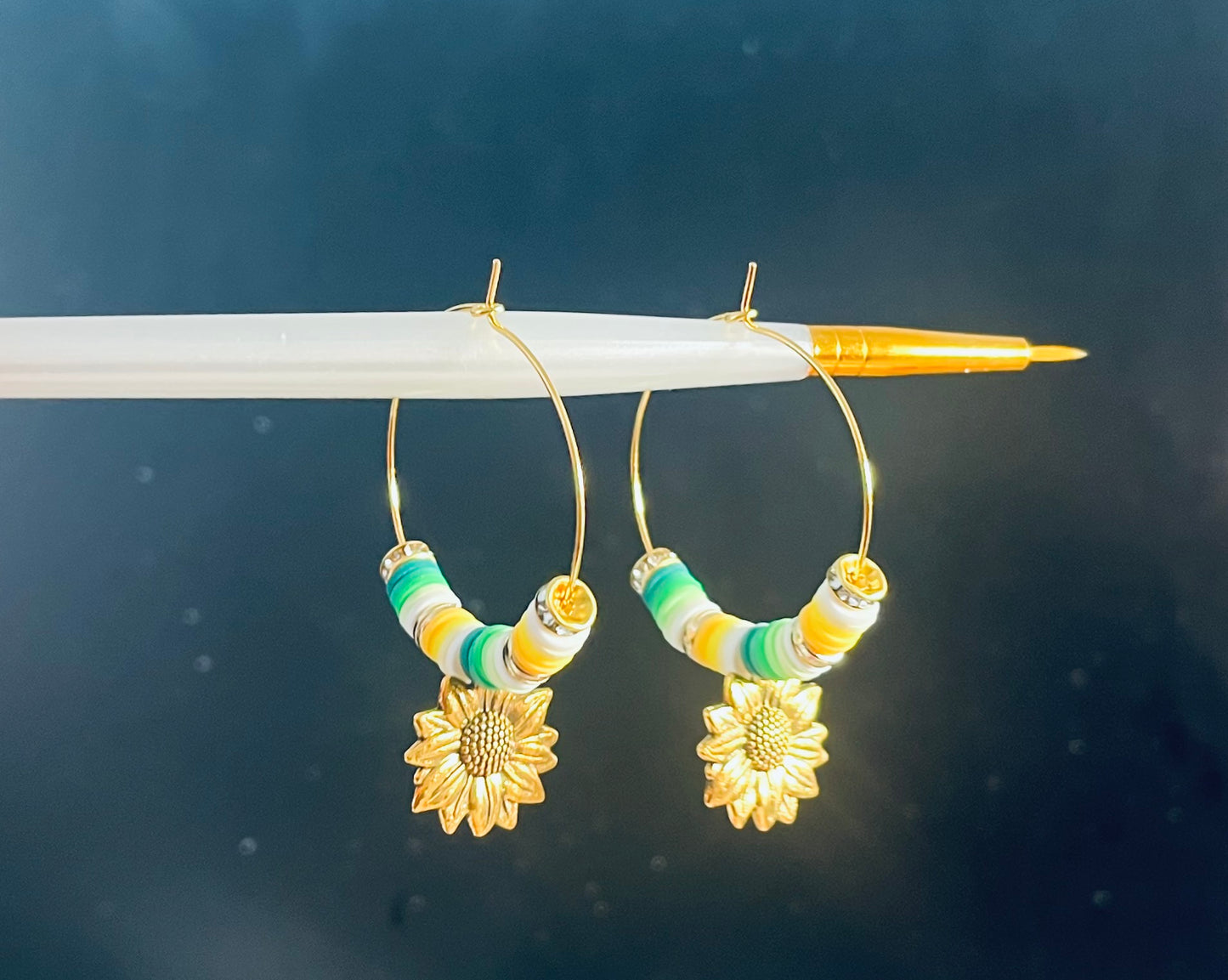 Sunflower Heishi Bead Hoop Earrings Gold-Tone