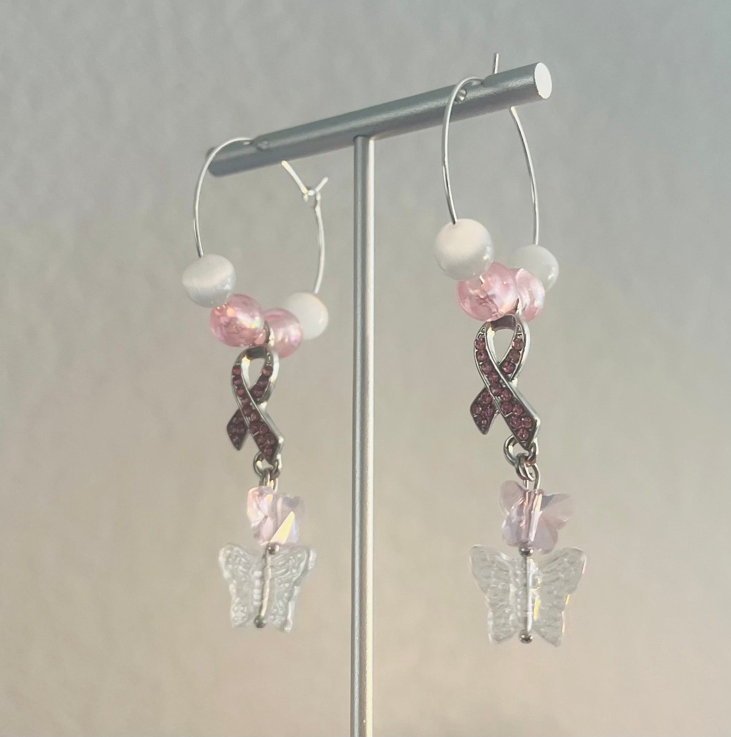 Breast Cancer Awareness Butterfly Hoop Earrings in Silver-Tone