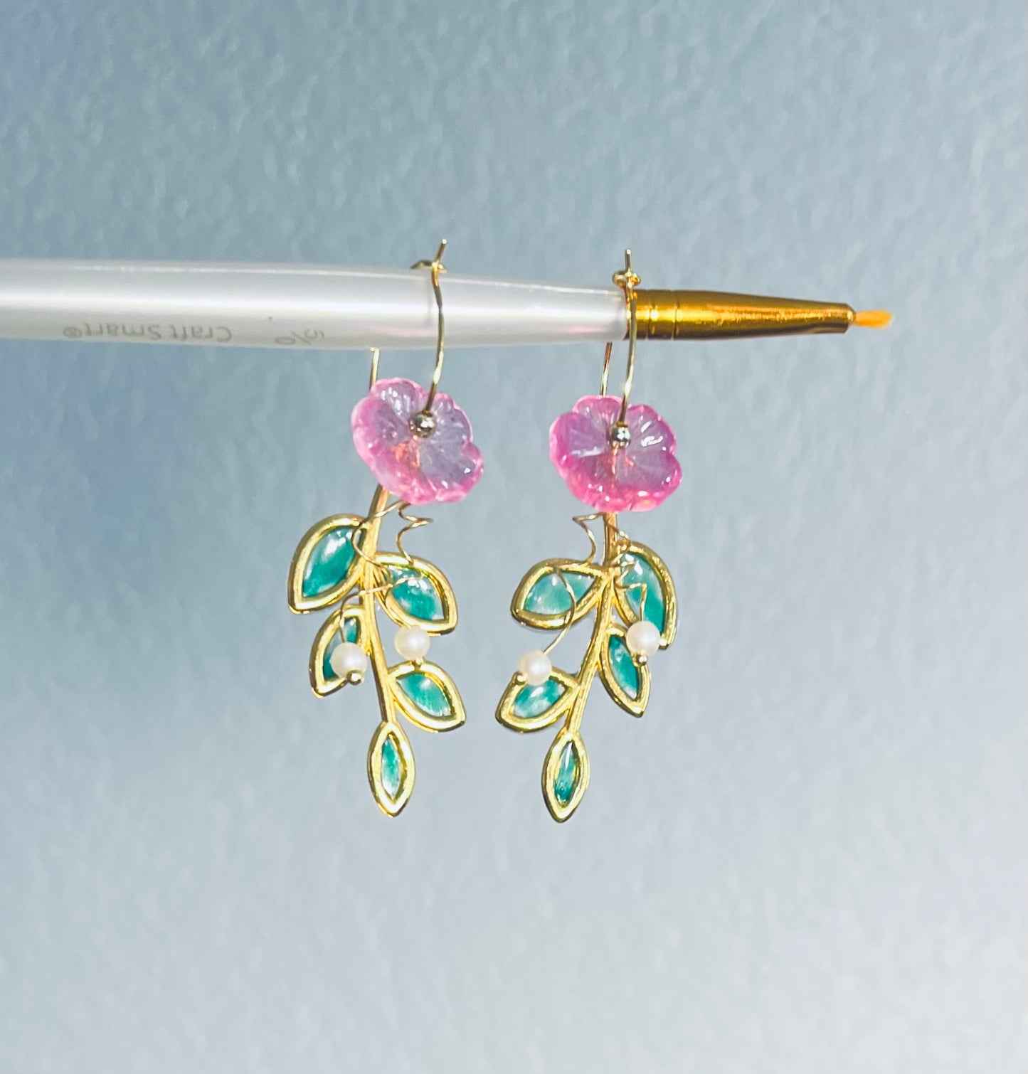 Pink Floral Hoop Earrings in Gold-Tone