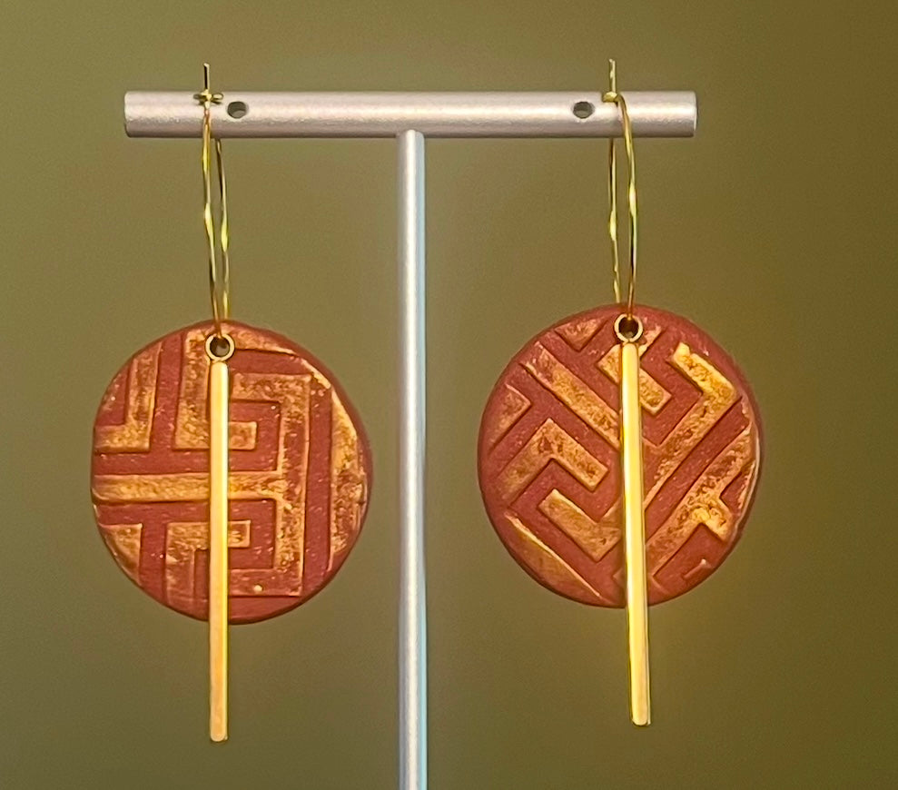 Geometric Burgundy Hoop Ear Art in Gold-Tone