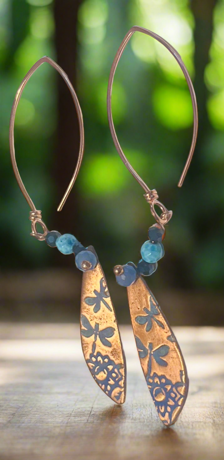 Copper Sunset Skies with Blueberry Dragonflies Ear Art