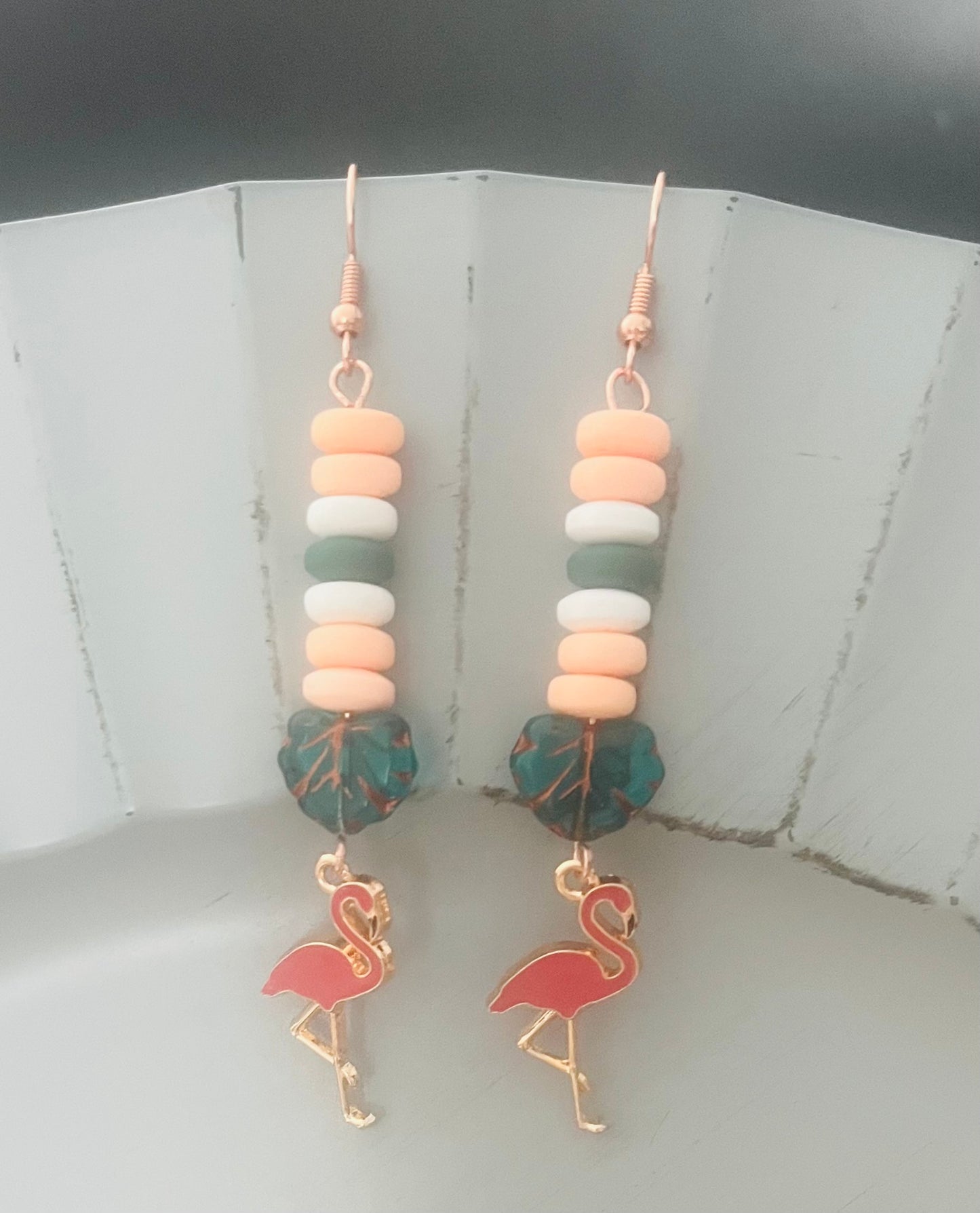 Heishi drop tropical forest Flamingo Earrings
