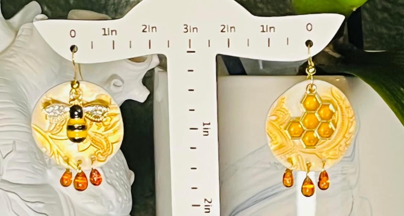 Circle Honeycomb Bee with Honey drips Earrings