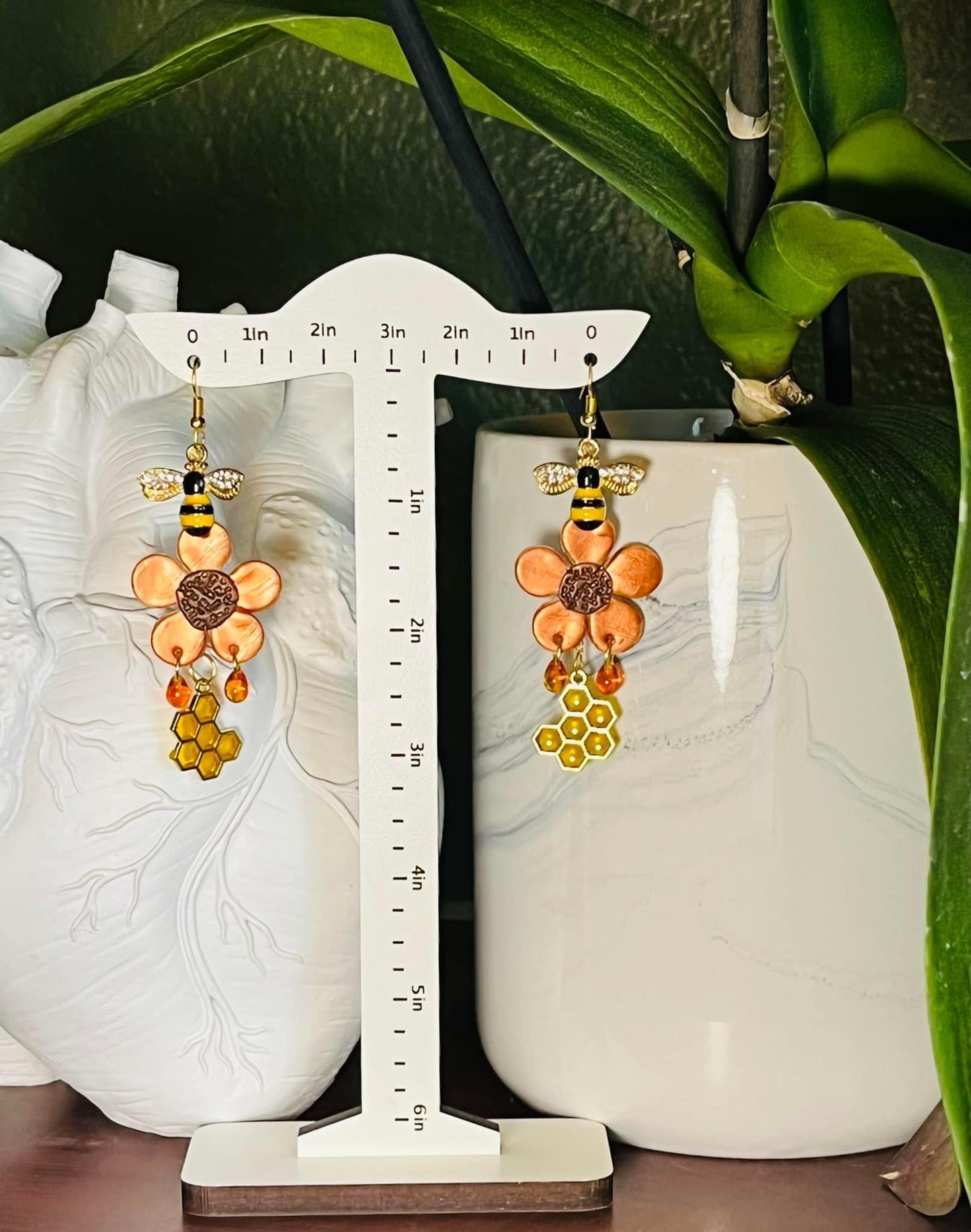 Flower Honeycomb Bee with Honey drips Earrings