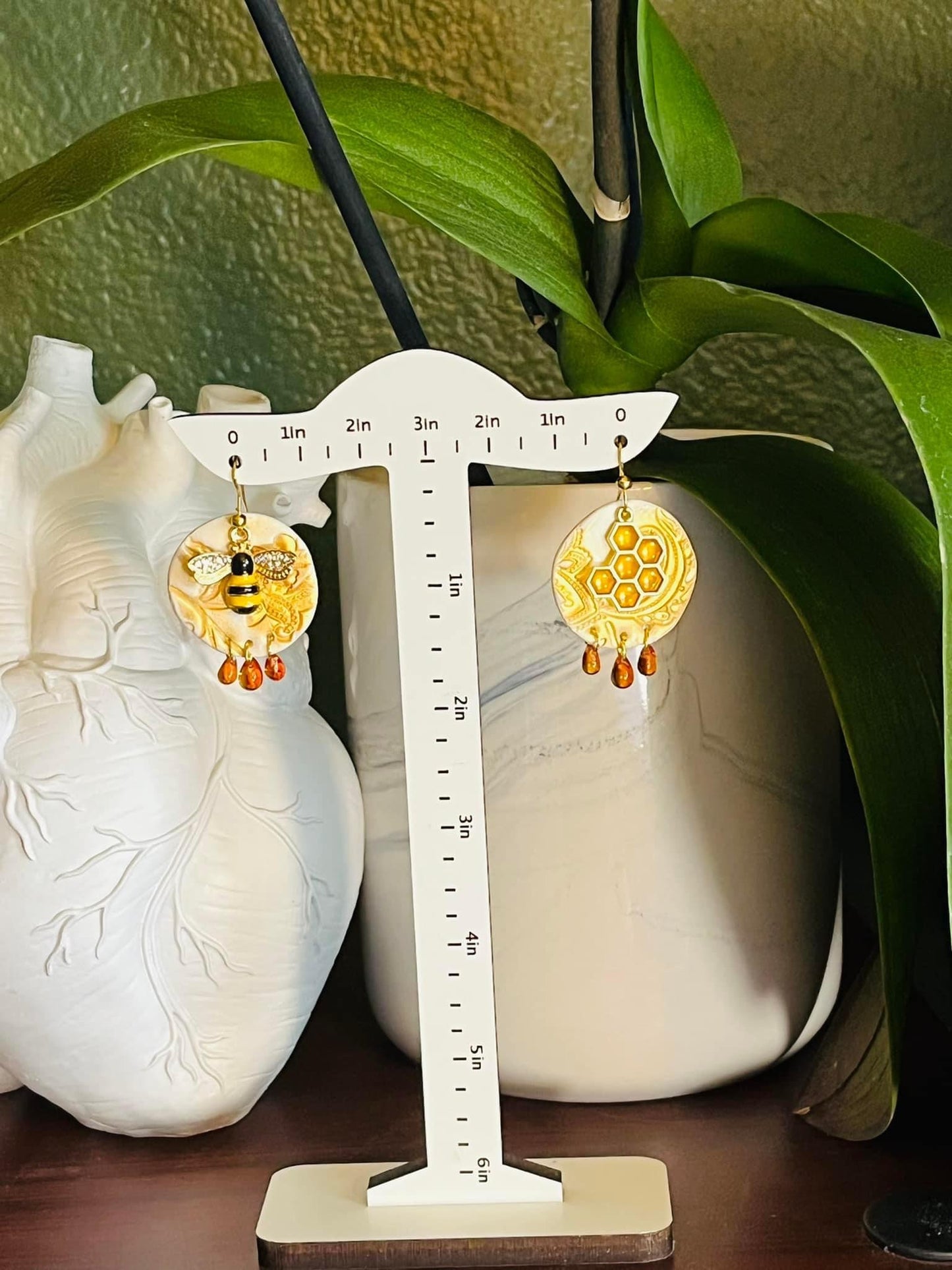 Circle Honeycomb Bee with Honey drips Earrings