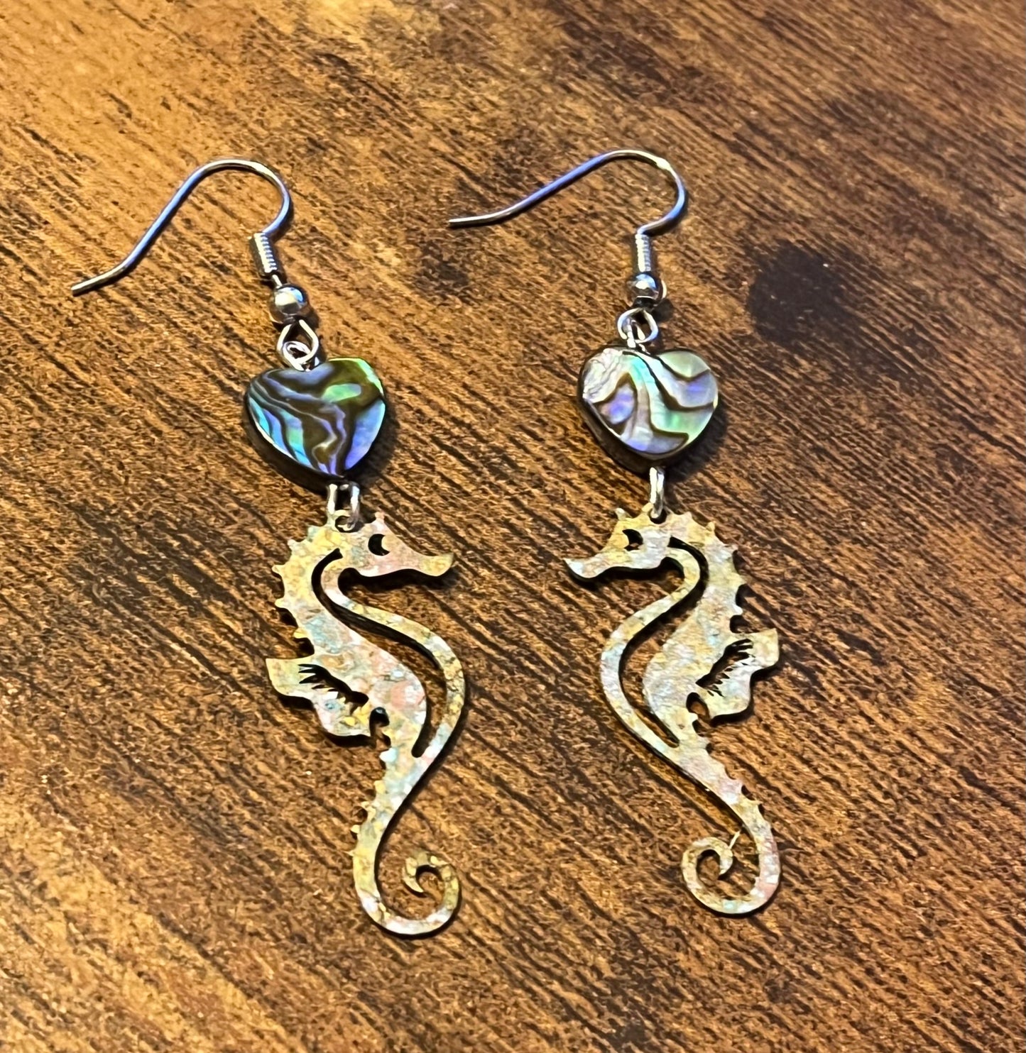 Patina Seahorse Abalone Heart Ear Art