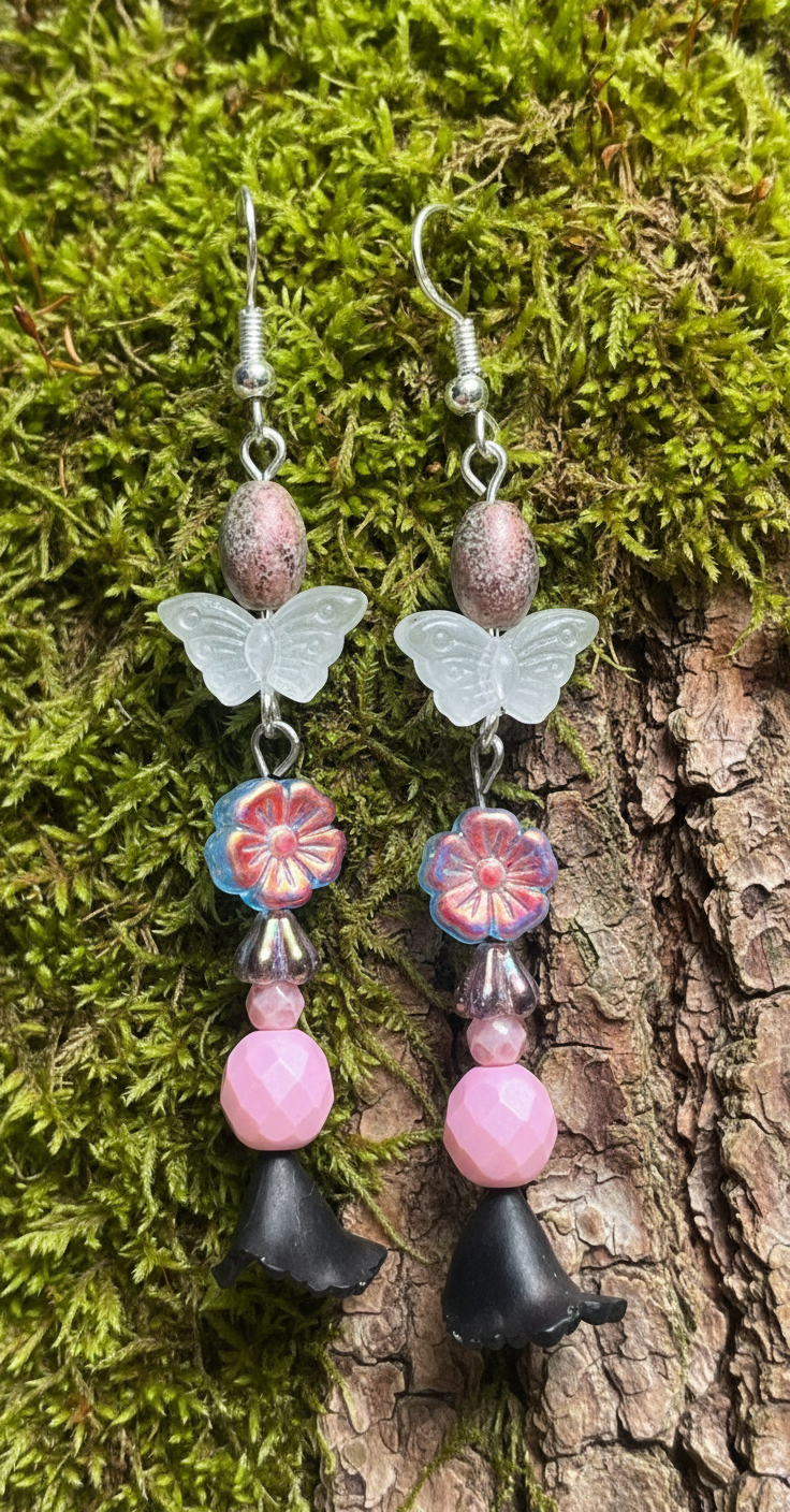 Pink Black Purple and White Floral Butterfly Ear Art