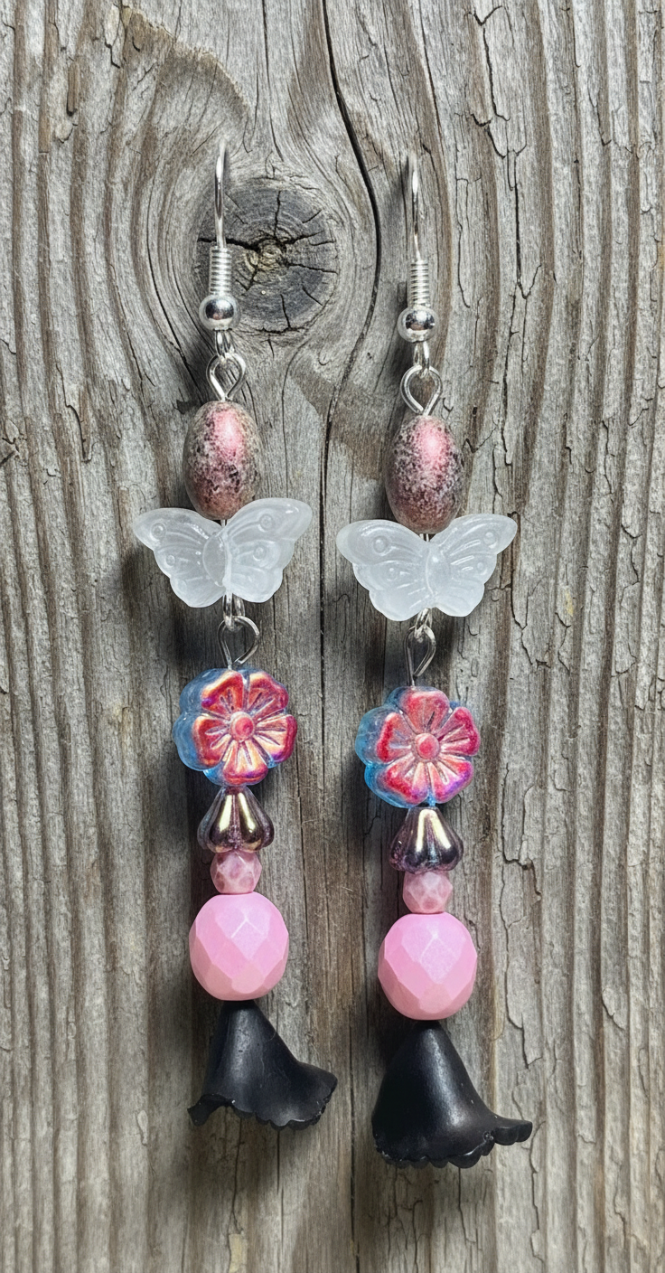 Pink Black Purple and White Floral Butterfly Ear Art