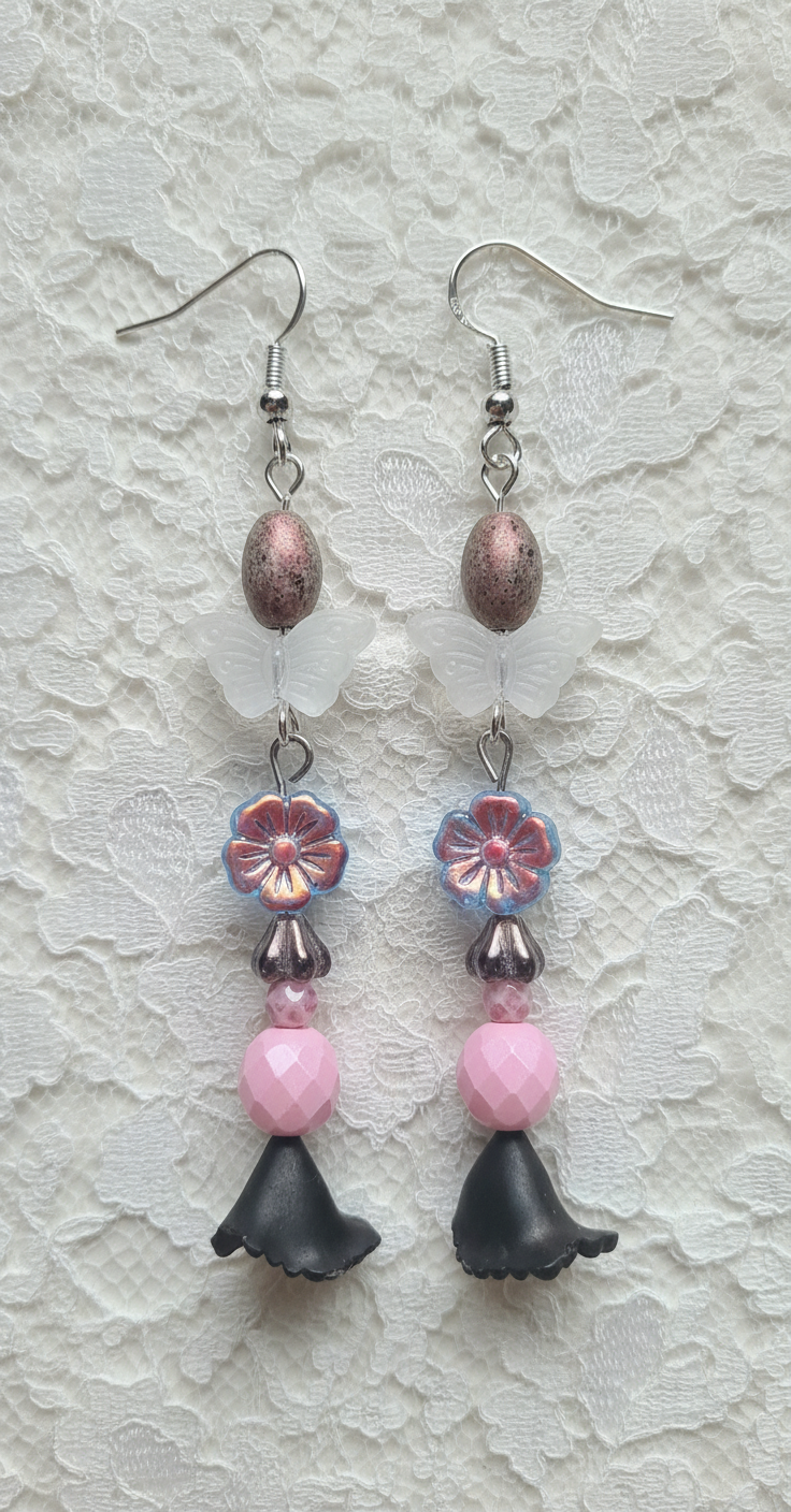 Pink Black Purple and White Floral Butterfly Ear Art