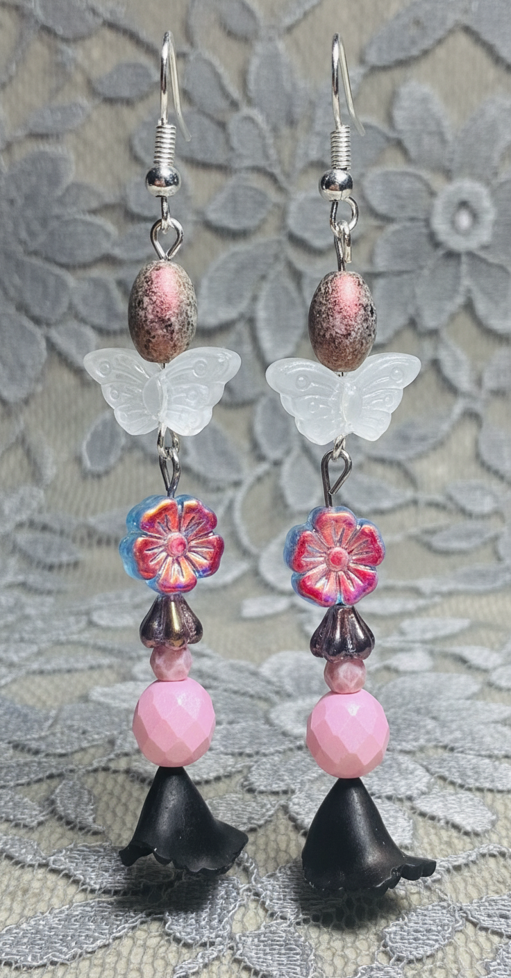 Pink Black Purple and White Floral Butterfly Ear Art