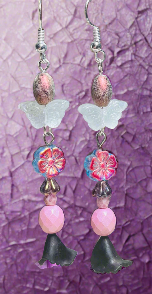Pink Black Purple and White Floral Butterfly Earrings