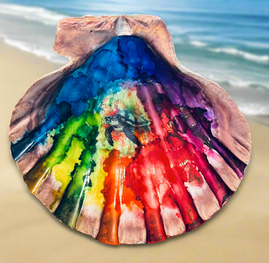 Sea Turtle Dripping in Color Shell Art