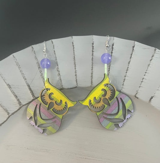 Green and Purple Striped Owl Earrings