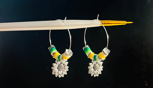 Sunflower Heishi Bead Hoop Earrings Silver-Tone