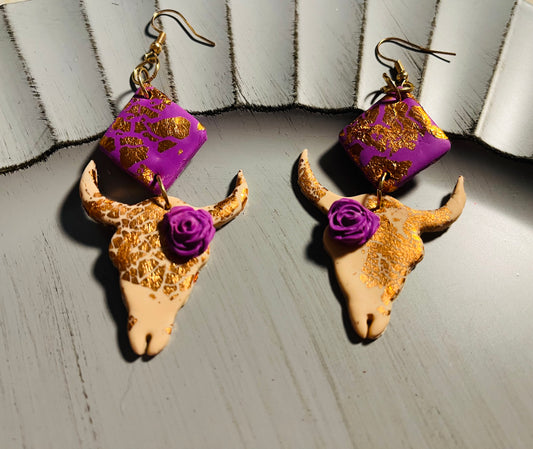 Cow Skull  Earrings with Purple