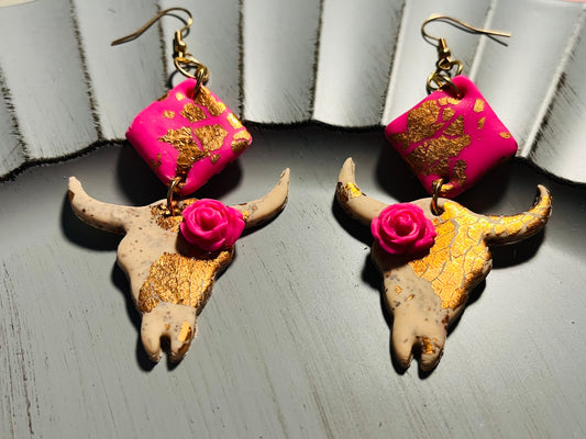 Cow Skull  Earrings with Bright Pink