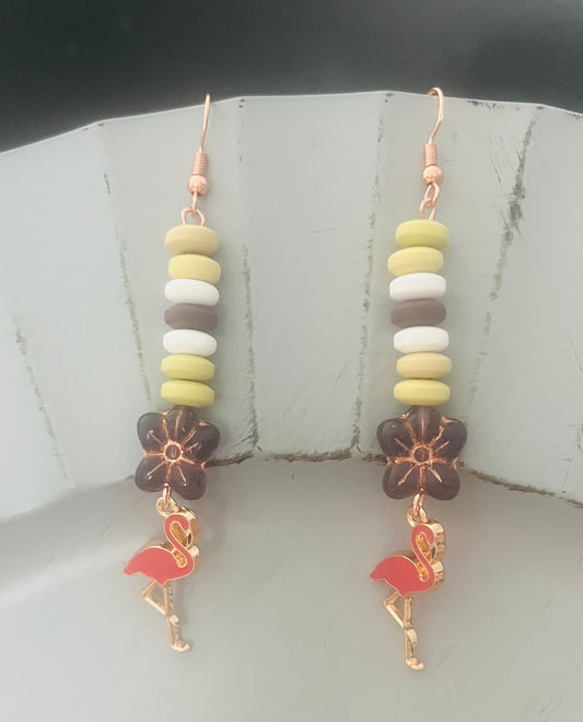 Heishi drop tropical flower Flamingo Earrings
