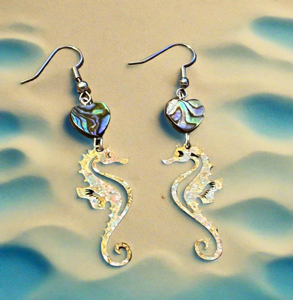 Patina Seahorse Abalone Heart Ear Art