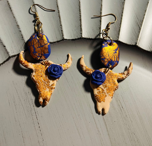 Cow Skull  Earrings with Dark Bluish Purple