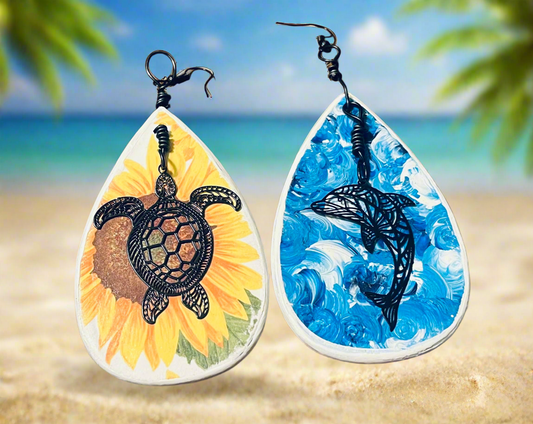 Sunflower Sea Turtle / Dolphin Reversible Ear Art