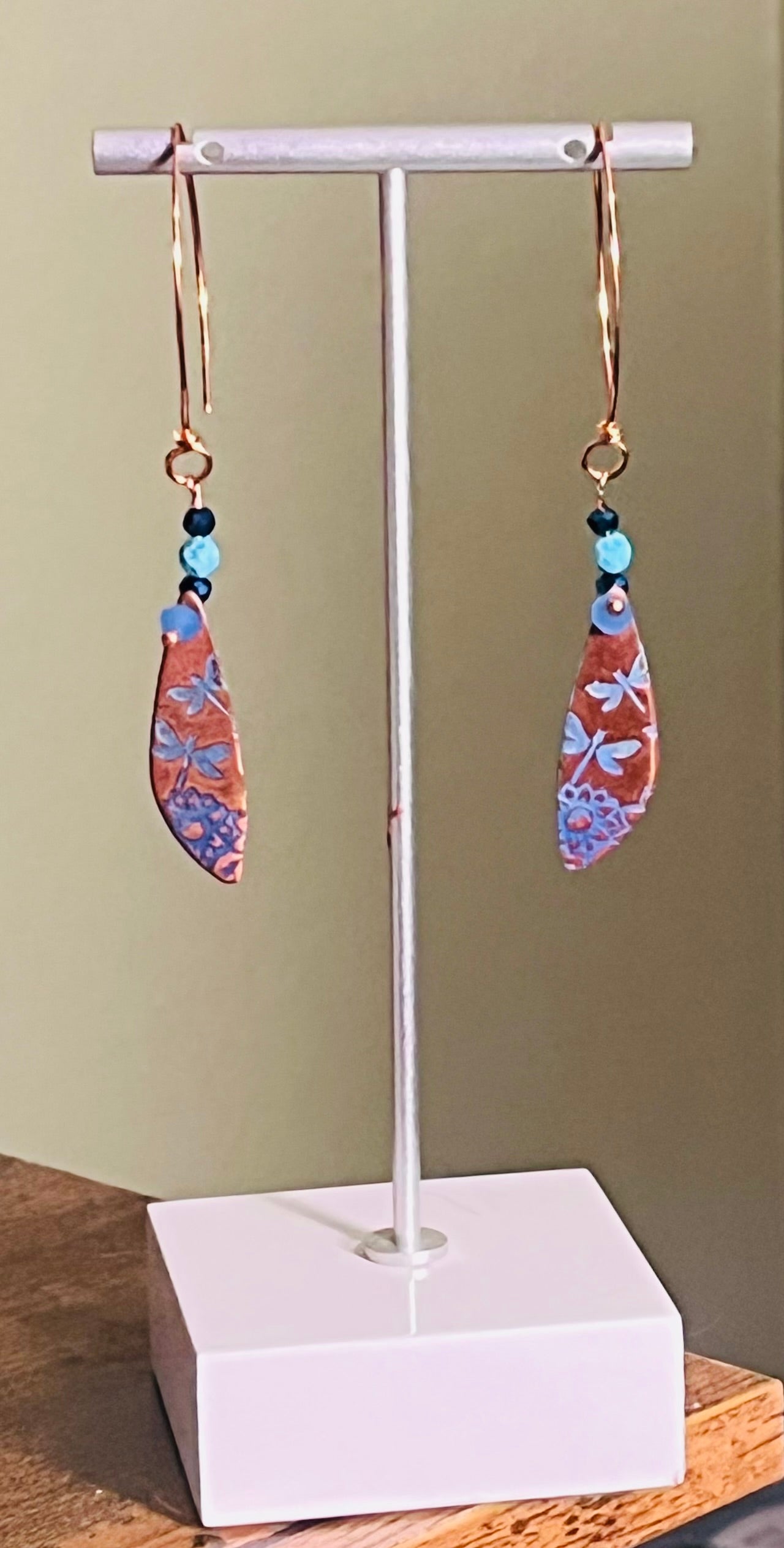 Copper Sunset Skies with Blueberry Dragonflies Ear Art