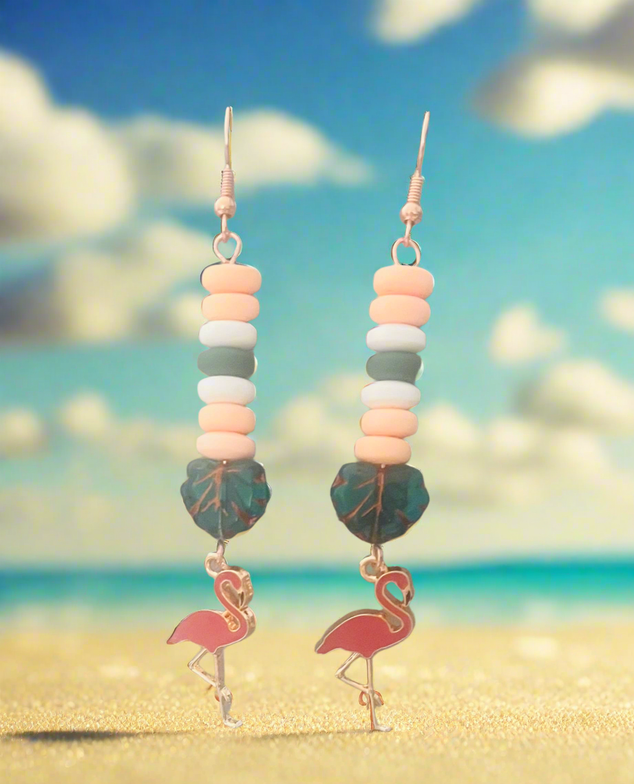 Heishi drop tropical forest Flamingo Earrings