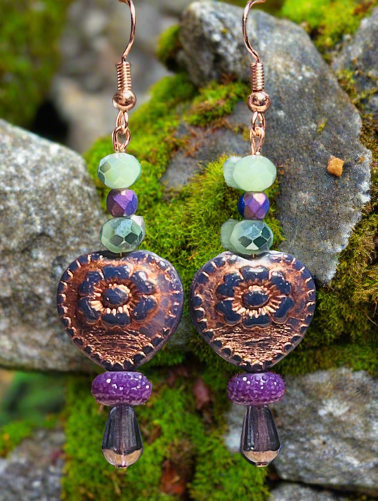 Copper Green and Purple Heart’s with Flower Ear Art
