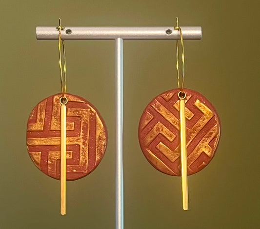 Geometric Burgundy Hoop Ear Art in Gold-Tone