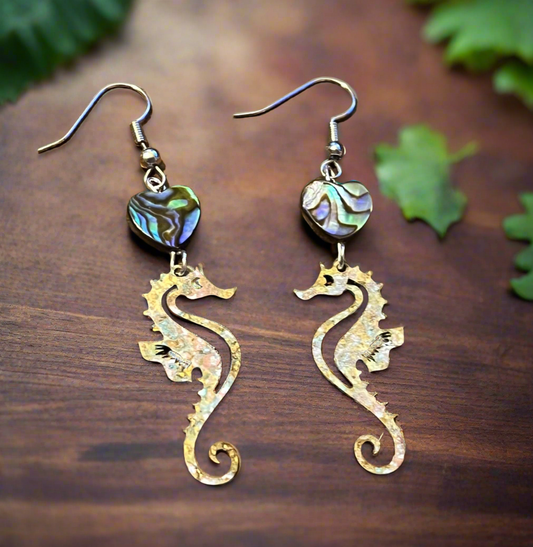 Patina Seahorse Abalone Heart Ear Art