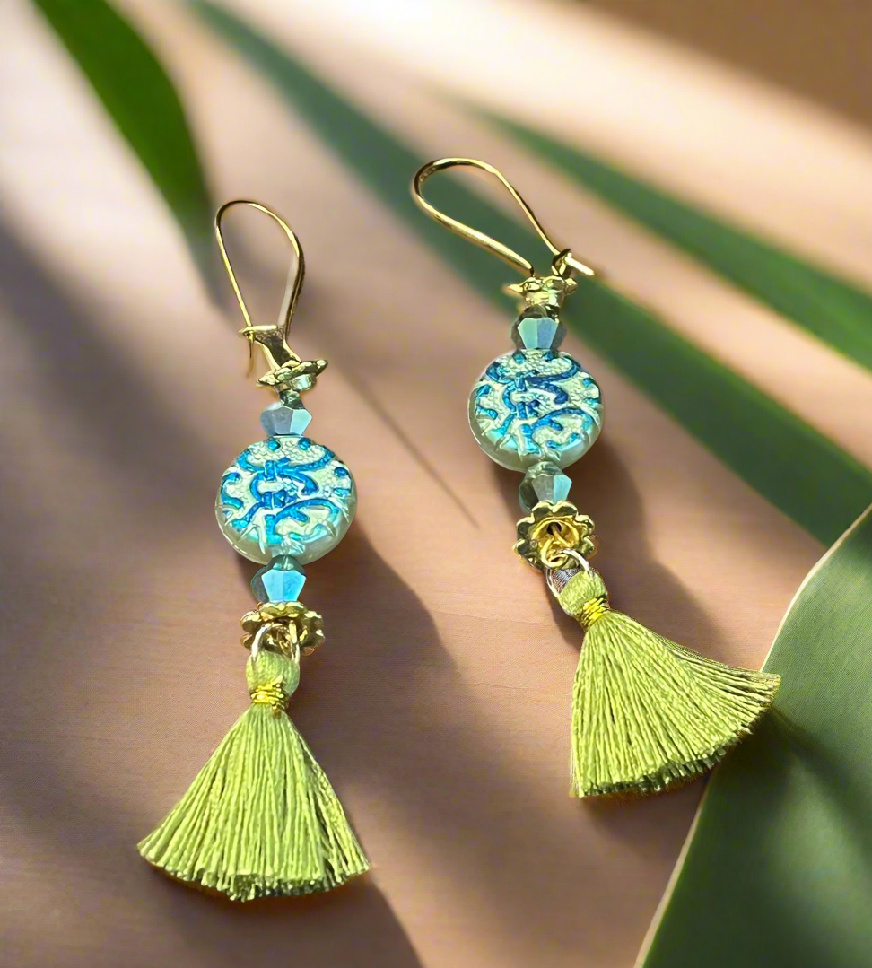 Green Sparkly Boho Tassel Ear Art