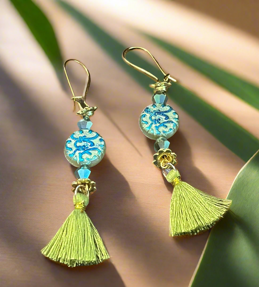 Green Sparkly Boho Tassel Ear Art