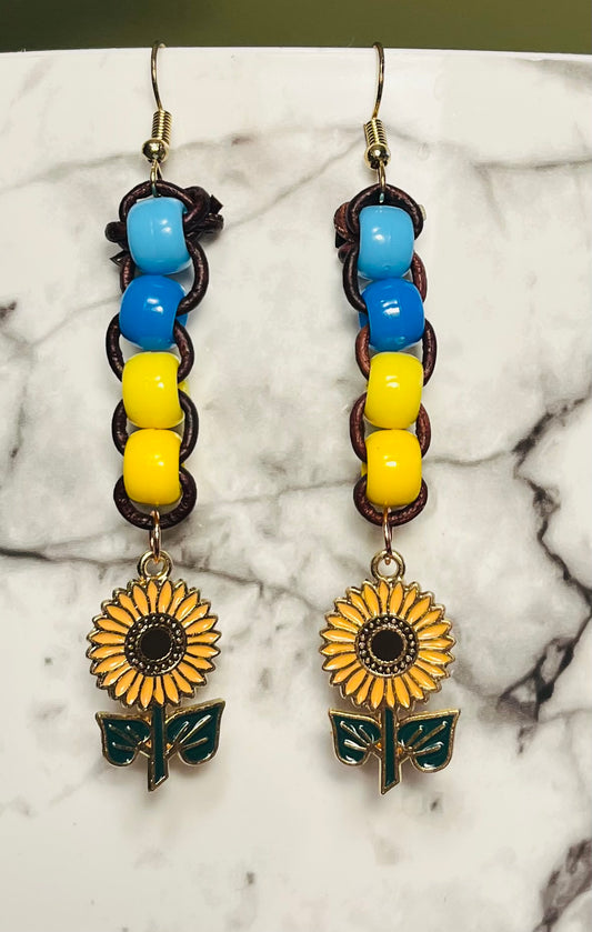 Support Ukraine Beaded Leather Cord Sunflower Charm Ear Art