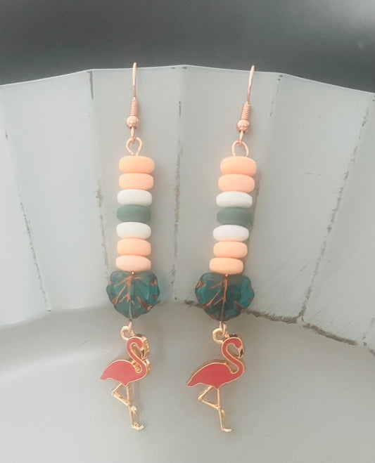Heishi drop tropical forest Flamingo Earrings
