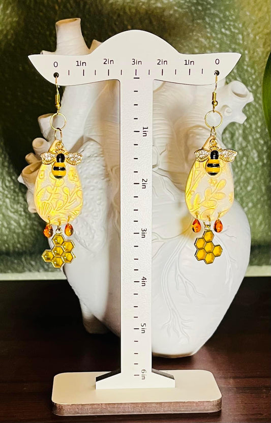 Teardrop Honeycomb Bee with Honey drips Earrings