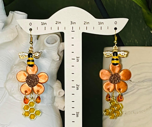 Flower Honeycomb Bee with Honey drips Earrings